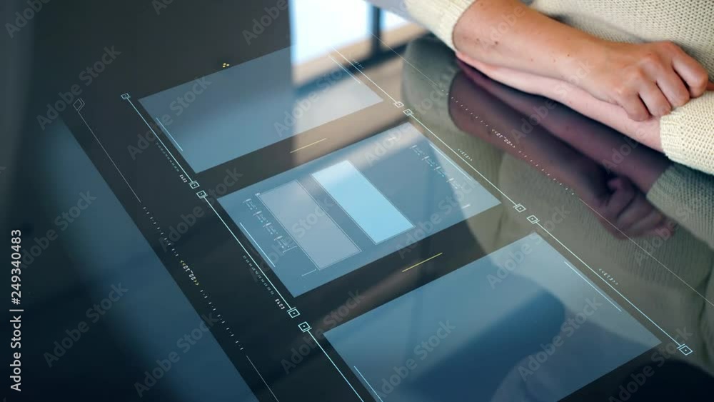 Poster programming and technology concept - woman working with computer digital screen