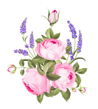 Spring flowers bouquet of color bud garland. Label with rose flowers. Bouquet of aromatic lavender flowers. Invitation card template with violet flowers of lavender. Vector illustration.