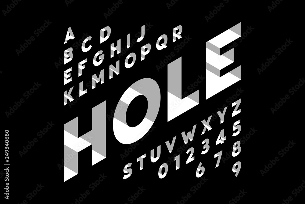 Poster isometric 3d font design, three-dimensional alphabet letters and numbers