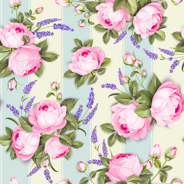 Provece lavender and pink roses floral wallpaper. Awesome design seamless pattern. Elegant rose pattern on blue tile background. Vector illustration.