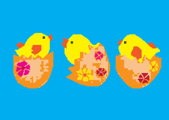 Vector pixel art. Cute cartoon chicken set. Funny yellow chickens in different poses
