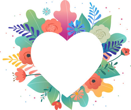 Big white heart with colorful flowers in background. Thank you and birthday card, Mother s day greetings. Vector illustration