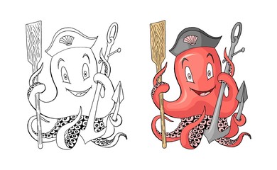 Anchor with octopus cartoon character coloration book