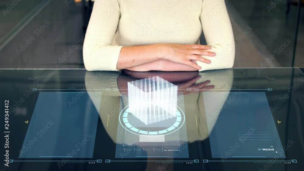 Poster programming and technology concept - woman working with computer digital screen and virtual 3d proje