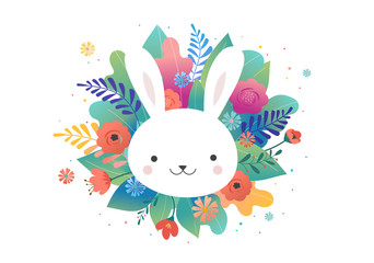 Easter greeting card - flowers and cute bunny. Vector design
