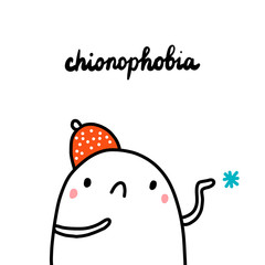 Chionophobia hand drawn illustration with cute marshmallow touching snow