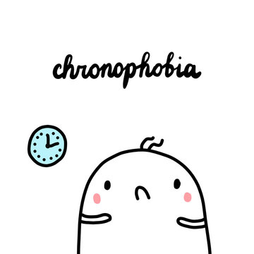 Chronophobia hand drawn illustration with cute marshmallow and clock