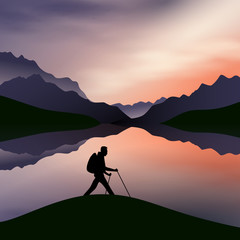 a sunset in the mountains with a lake in the front