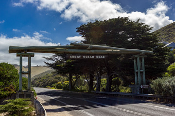 Wooden gate and street sign of the Great Ocean Road near Lorne, Victoria