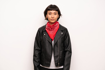 Woman with leather jacket and handkerchief portrait