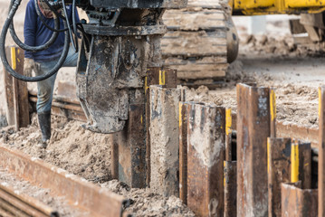 Retaining wall steel sheet pile driving machine work