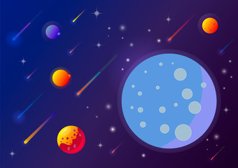 Obraz na płótnie Canvas Space and planet background. Planets surface with craters, stars and comets in dark space. Vector illustration. EPS 10