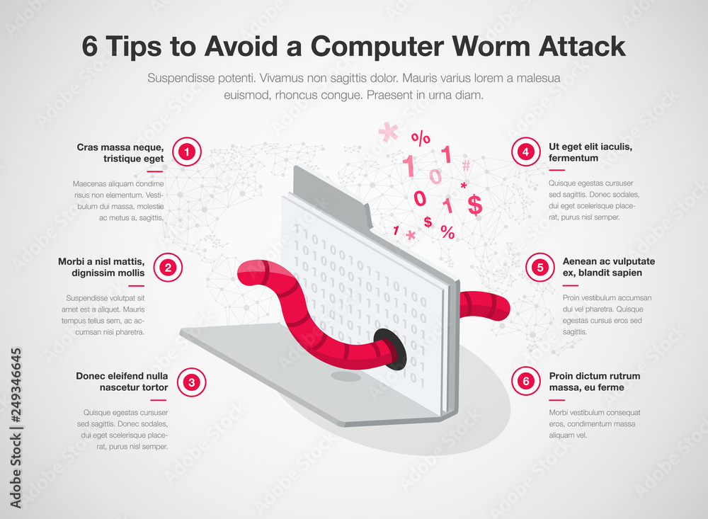 Poster simple infographic for 6 protection tips to avoid a computer worm attack template isolated on light 