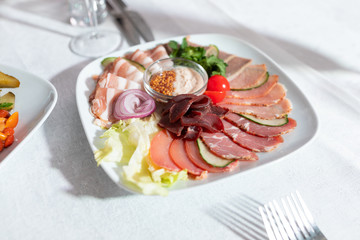 Close-up of meat snacks on the custard pillow