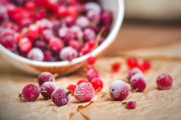 Red frozen berries of currant and gooseberry, covered with white frost, in a white plate and on the table, close up. Healthy eating concept