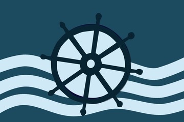 Flat blue water, marine greeting card with steering wheel,Travelconcept