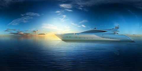 Naklejka premium superyacht auf dem ozean bei sonnenaufgang vr 360° 3d render