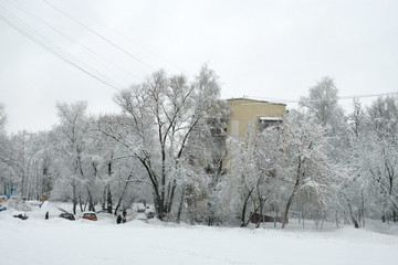 a building hidden in a park in the city covered by snow in winter. Trees, paths, lake, buildings, everything iced