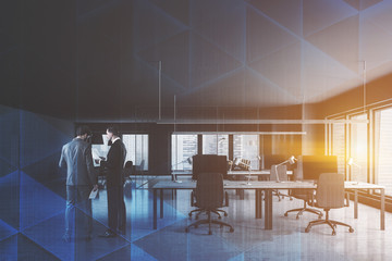 Gray open space office with meeting room, men