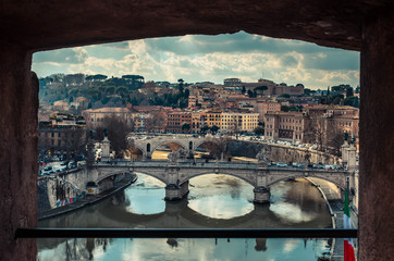 View from sant Angelo castle of the river Tiber and and the city of Rome.