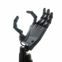 Robotic hand on white background. Your text or image between the robot's fingers.