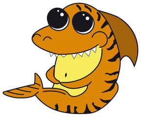 Tiger shark with big eyes. Cartoon funny isolated character fron the ocean. Sea print for clothes, cups, poster. Greeting card with a cute orange shark.