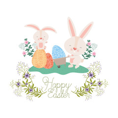 happy easter label with egg and flowers icon
