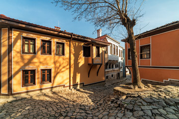 Fototapeta na wymiar Old houses and street from the period of Bulgarian Revival in old town of Plovdiv, Bulgaria