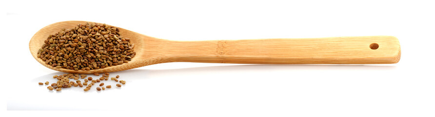 Fenugreek seeds in a wooden spoon. Isolated on white background. place for writing.