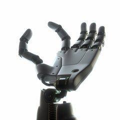 Robotic hand on white background. Your text or image between the robot's fingers.
