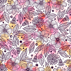 Seamless pattern with decorative flowers. Freehand drawing