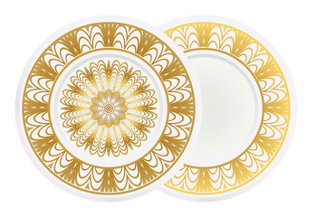 decorative plates for interior design. Empty dish, porcelain plate mock up design. Vector illustration. Decorative plates with Mandala ornament patterns. Home decor background.
