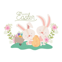 happy easter label with egg and flowers icon