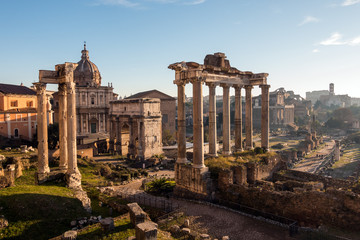 Fototapeta na wymiar Roman Forum. Vast excavated area of Roman temples.