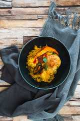 Prawn with rice - closeup of prawn with rice - traditionnal spanish food paella