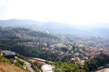 Fototapeta na wymiar Aerial view of Sarajevo, Bosnia and Herzegovina, from Yellow Fortress on sunny day.