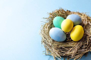 Multi-colored Easter eggs in a nest on a blue background.