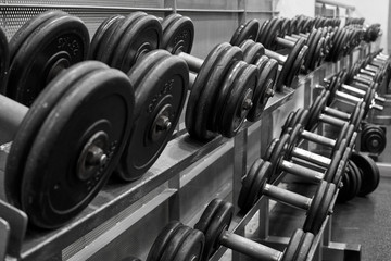 Metal dumbbells on rack in sport fitness center.Gym equipment.