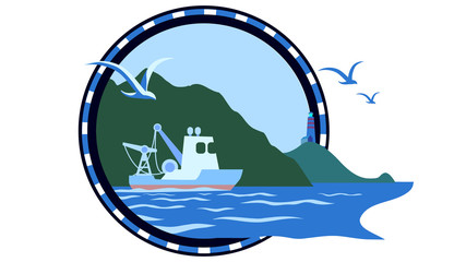 Logo wich beauty landscape: sea surface, mountains and fishing boat ride to open ocean. Romance for sailor
