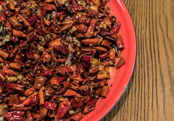 Cuisine in Chongqing, China，stir fried chicken with sichuan chili peppers