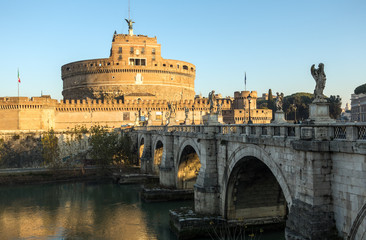 Fototapeta premium Saint Angel Castle Castel Sant Angelo and bridge Ponte Sant Angelo. Rome, Italy