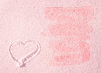 Fototapeta premium Heart drawn on the snow - composition with copy space, lettering template, text, design. Postcard template. The concept of the holiday.