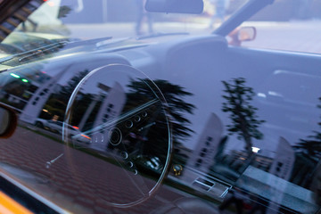 The steering wheel and the vehicle interior in 1970