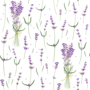 Seamless pattern with flowers, branches and leaves of lavender, watercolor painting. For design cards, banners and patterns.