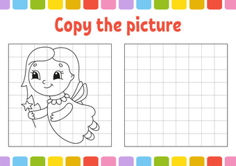 Copy the picture. Coloring book pages for kids. Education developing worksheet. Game for children. Handwriting practice. Cute cartoon vector illustration.