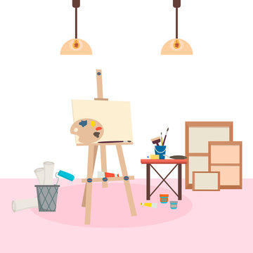 Painting Tools Elements Collection. Art Studio Workplace. Art Supplies Easel, Canvas, Paint Tubes, Brushes, Oil. Cartoon Vector Illustration.