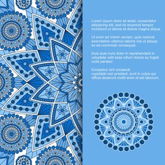 Template for card or invitation with ornament in ethnic style and place for text. Vector design with blue and white mandala pattern.