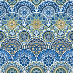 Seamless patchwork pattern with mandalas in ethnuc style. Decorative ornament.