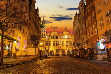 Fototapeta na wymiar Piwna street, a quiet European street in the Old Town of Gdansk, Academy of Fine Arts view