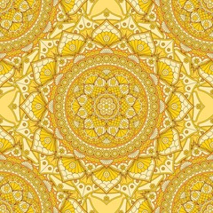 Seamless pattern with yellow and orange mandala. Floral vector print.